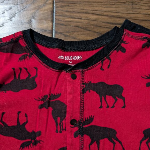 Kids Hatley little Blue House onesie union suit pajamas red moose print size 14 - Picture 4 of 13